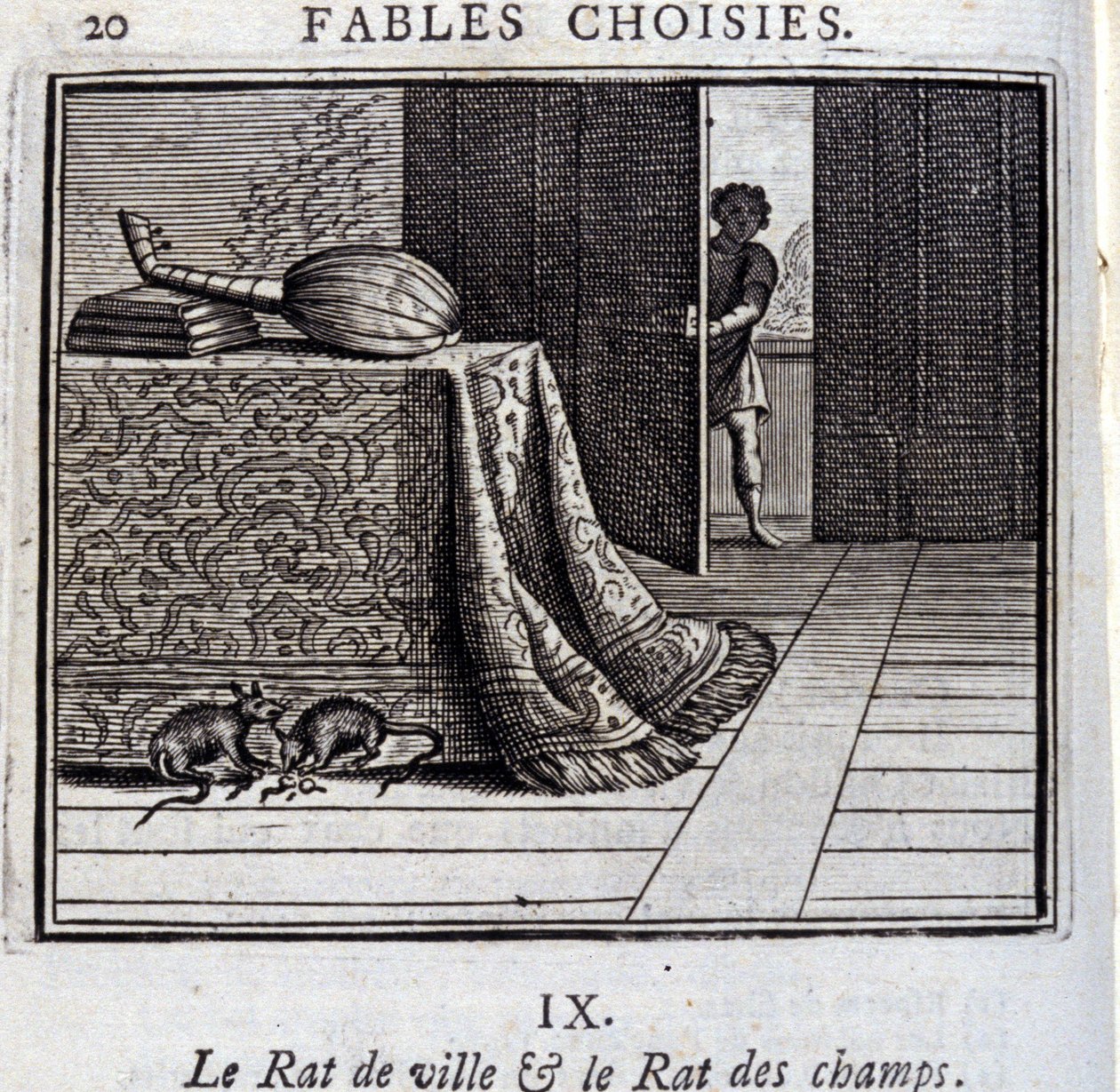 A városi patkány és a mezei patkány. Jean de La Fontaine (1621-95) meséi. Illusztráció: François Chauveau (1613-1676). 1728-as kiadás. alkotó: Francois Chauveau