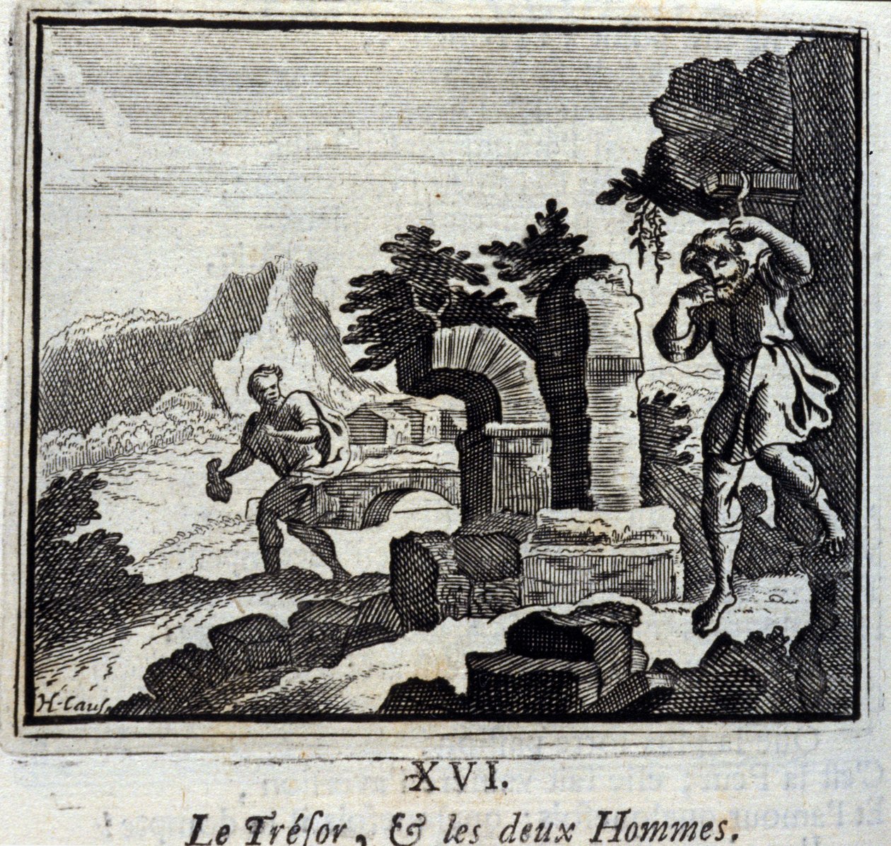 Az áruló és a két férfi. Jean de La Fontaine (1621-95) meséi. Illusztráció: François Chauveau (1613-1676). 1728-as kiadás. alkotó: Francois Chauveau