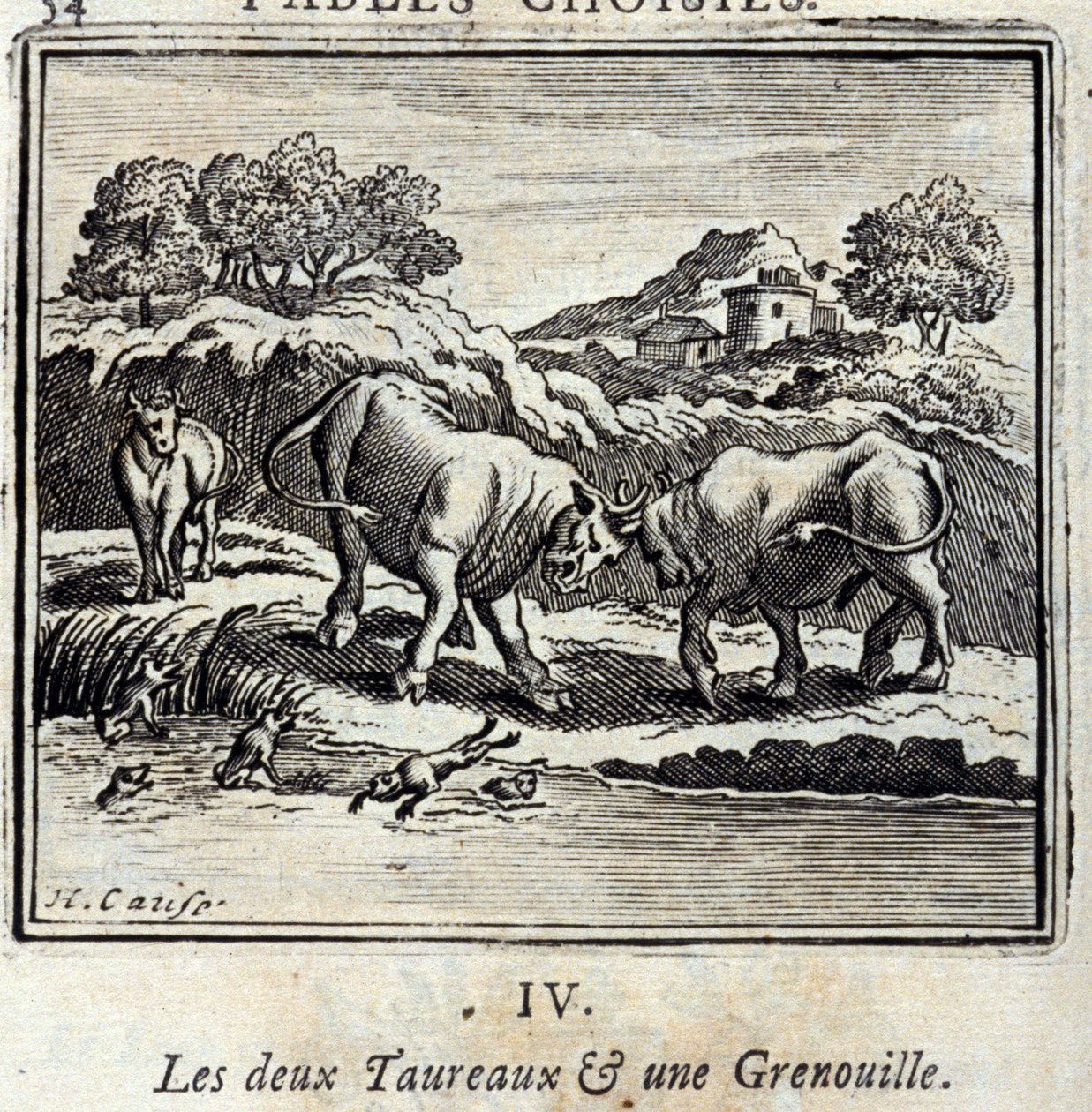 A két bika és egy béka. Jean de La Fontaine (1621-95) meséi. Illusztráció: Francois Chauveau (1613-1676). 1728-as kiadás. alkotó: Francois Chauveau