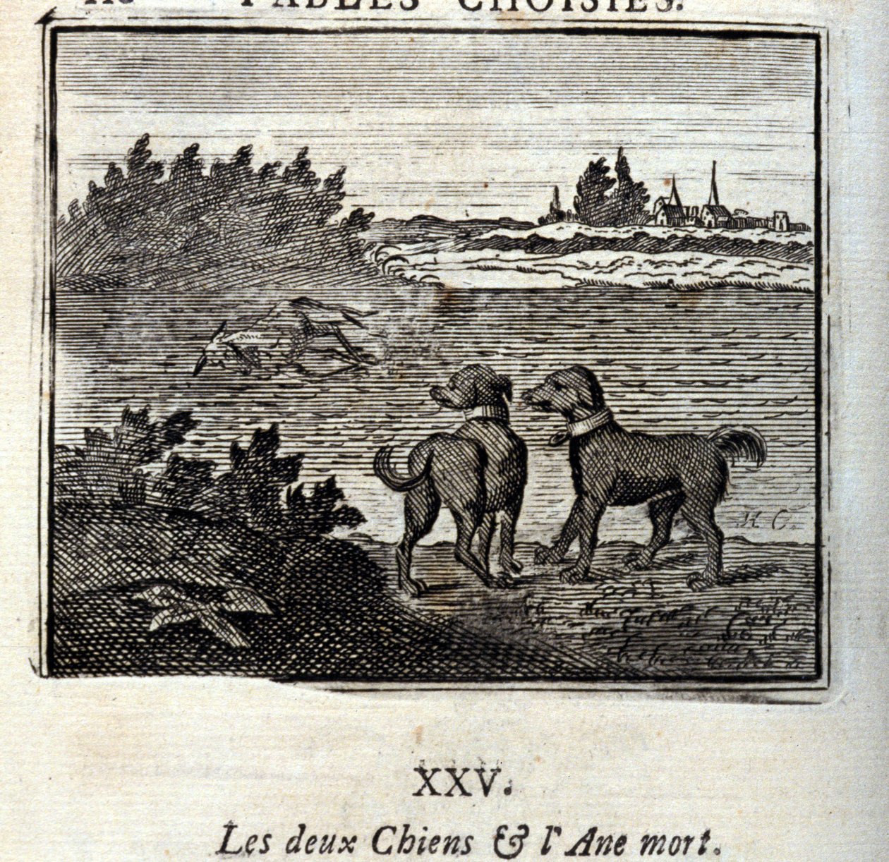 A két kutya és a döglött szamár. Jean de La Fontaine (1621-95) meséi. Illusztráció: François Chauveau (1613-1676). 1728-as kiadás. alkotó: Francois Chauveau