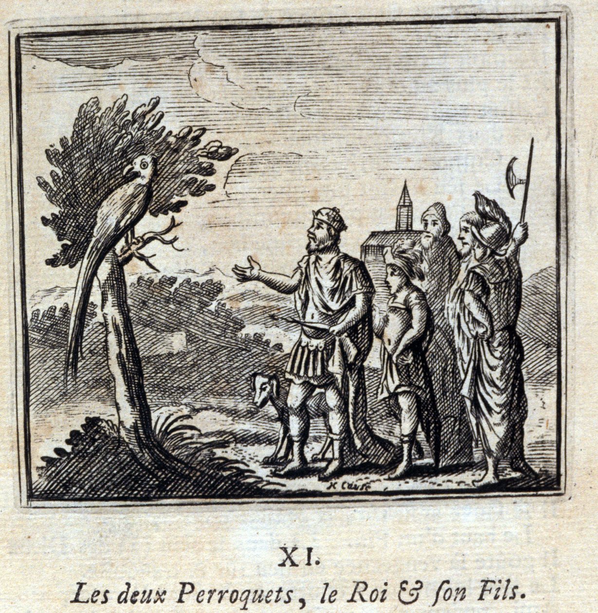 A két papagáj a király és a fia. Jean de La Fontaine (1621-95) meséi. Illusztráció: Francois Chauveau (1613-1676). 1728-as kiadás. alkotó: Francois Chauveau