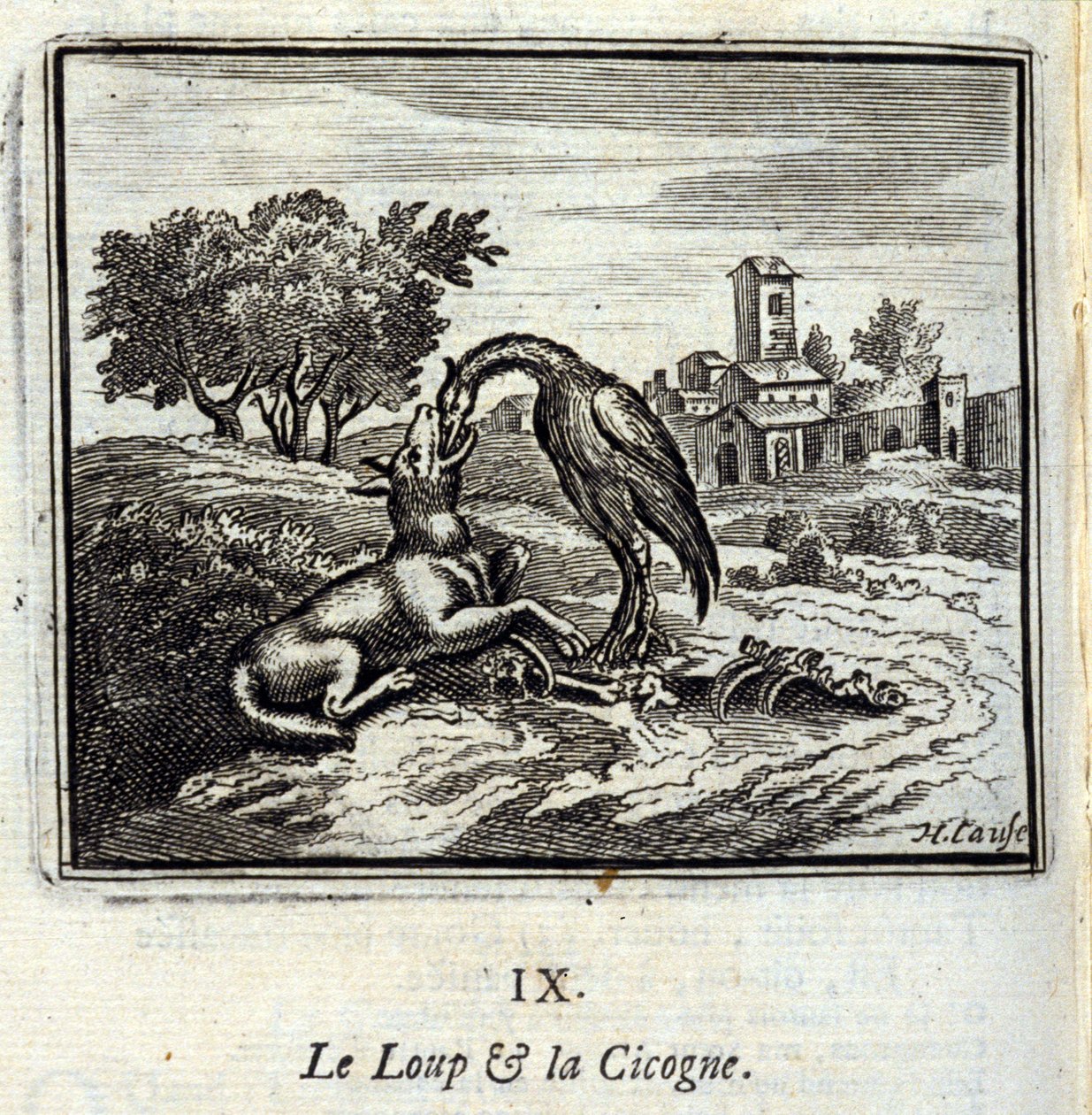 A farkas és a gólya. Jean de La Fontaine (1621-95) meséi. Illusztráció: François Chauveau (1613-1676). 1728-as kiadás. alkotó: Francois Chauveau
