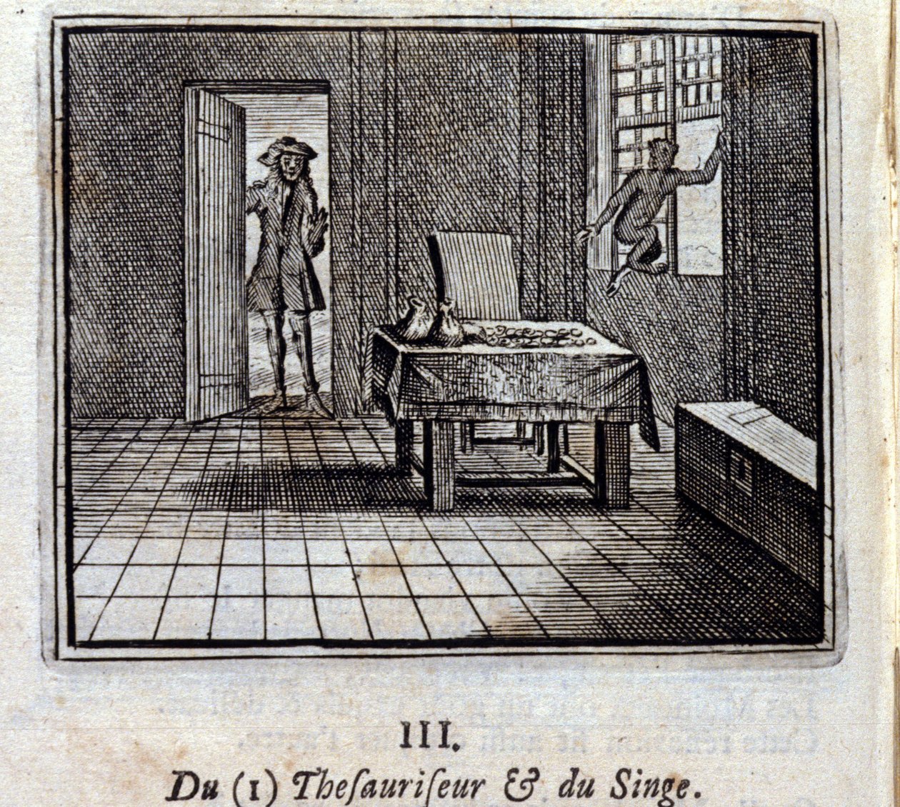 Tezaurizáló és majom. Jean de La Fontaine (1621-95) meséi. Illusztráció: Francois Chauveau (1613-1676). 1728-as kiadás. alkotó: Francois Chauveau