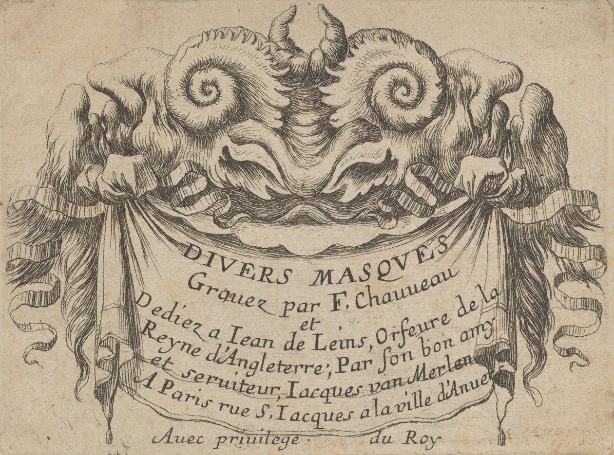 Címtábla két szatírfejjel, a Divers Masquestól, kb. 1635-45. alkotó: Francois Chauveau