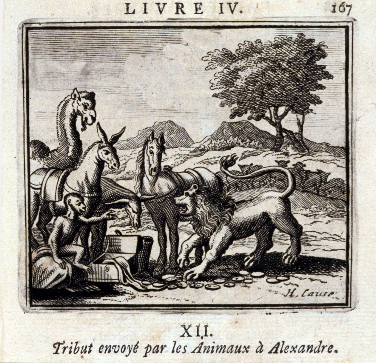 Az Állatok tisztelgés Sándornak. Jean de La Fontaine (1621-95) meséi. Illusztráció: Francois Chauveau (1613-1676). 1728-as kiadás. alkotó: Francois Chauveau