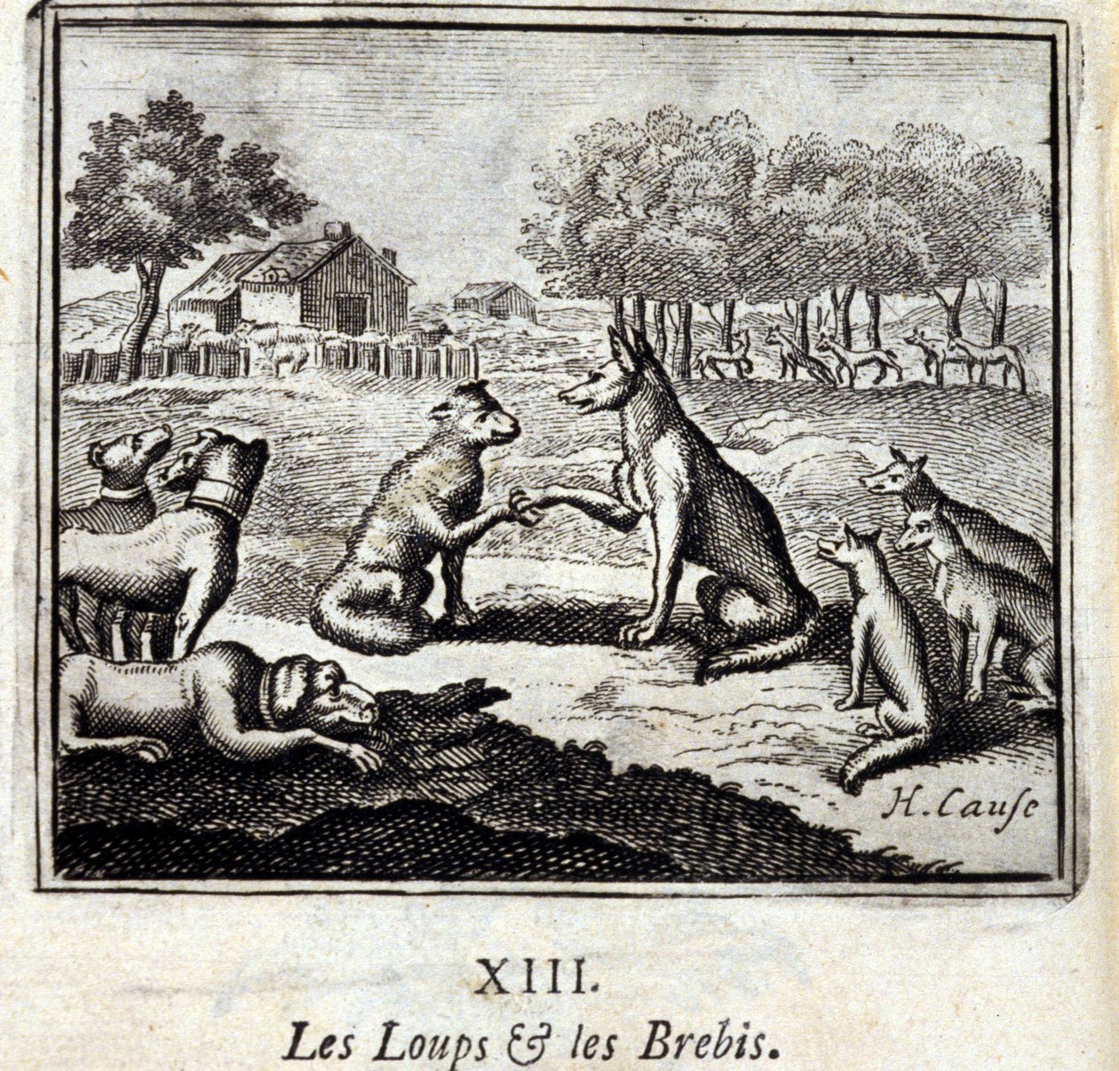 Farkasok és birkák. Jean de La Fontaine (1621-95) meséi. Illusztráció: Francois Chauveau (1613-1676). 1728-as kiadás. alkotó: Francois Chauveau