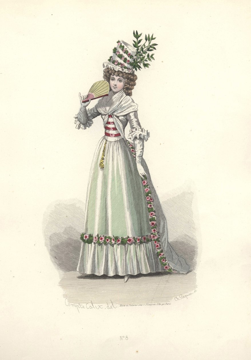 Nő virággal díszített ruhában, Marie Antoinette korszakában. alkotó: Francois Claudius Compte Calix