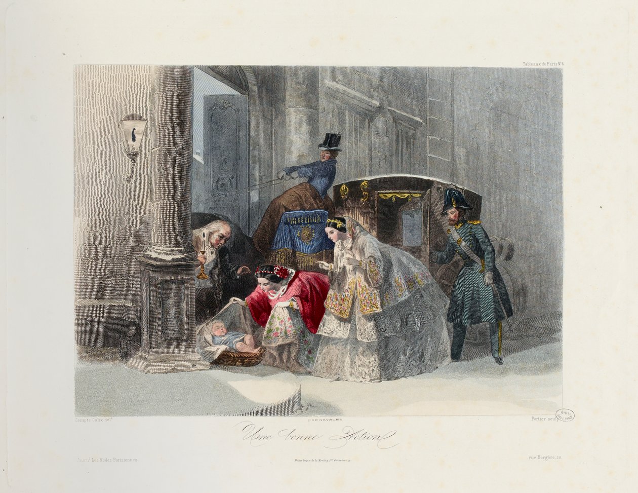 Egy jócselekedet, a Les Modes Parisiennes-ből, 1860 körül alkotó: Francois Claudius after Compte Calix