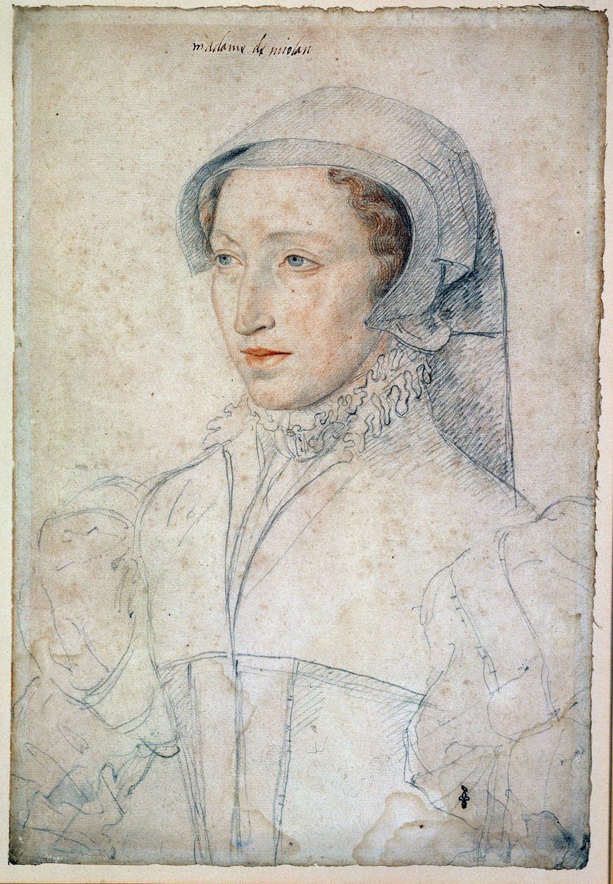 Francoise Mareschal portréja, a Mitte-de-Miolans-i parkban élő hölgyről, III. Miolani János feleségéről (1520-1575 körül). Medici Katalin tiszteletbeli hölgye. Rajz fekete kővel és vérrel, Francois Clouet (1515). alkotó: François Clouet