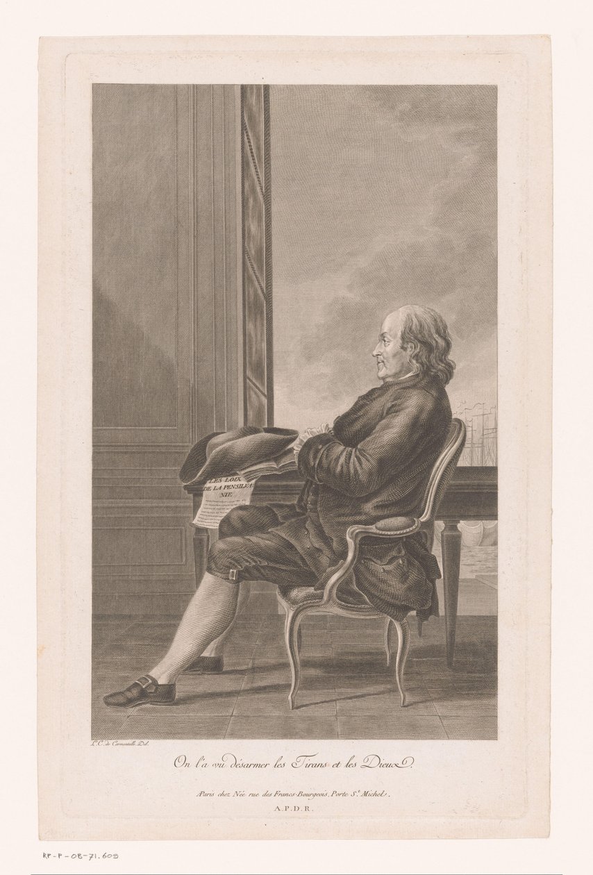 Benjamin Franklin portréja és egy széken ülő profil alkotó: Francois Denis Nee