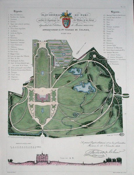 Thomas de Colmarhoz tartozó Chateau de Maisons kertjének általános terve, G. Lorsignol metszete alkotó: Francois Duvillers
