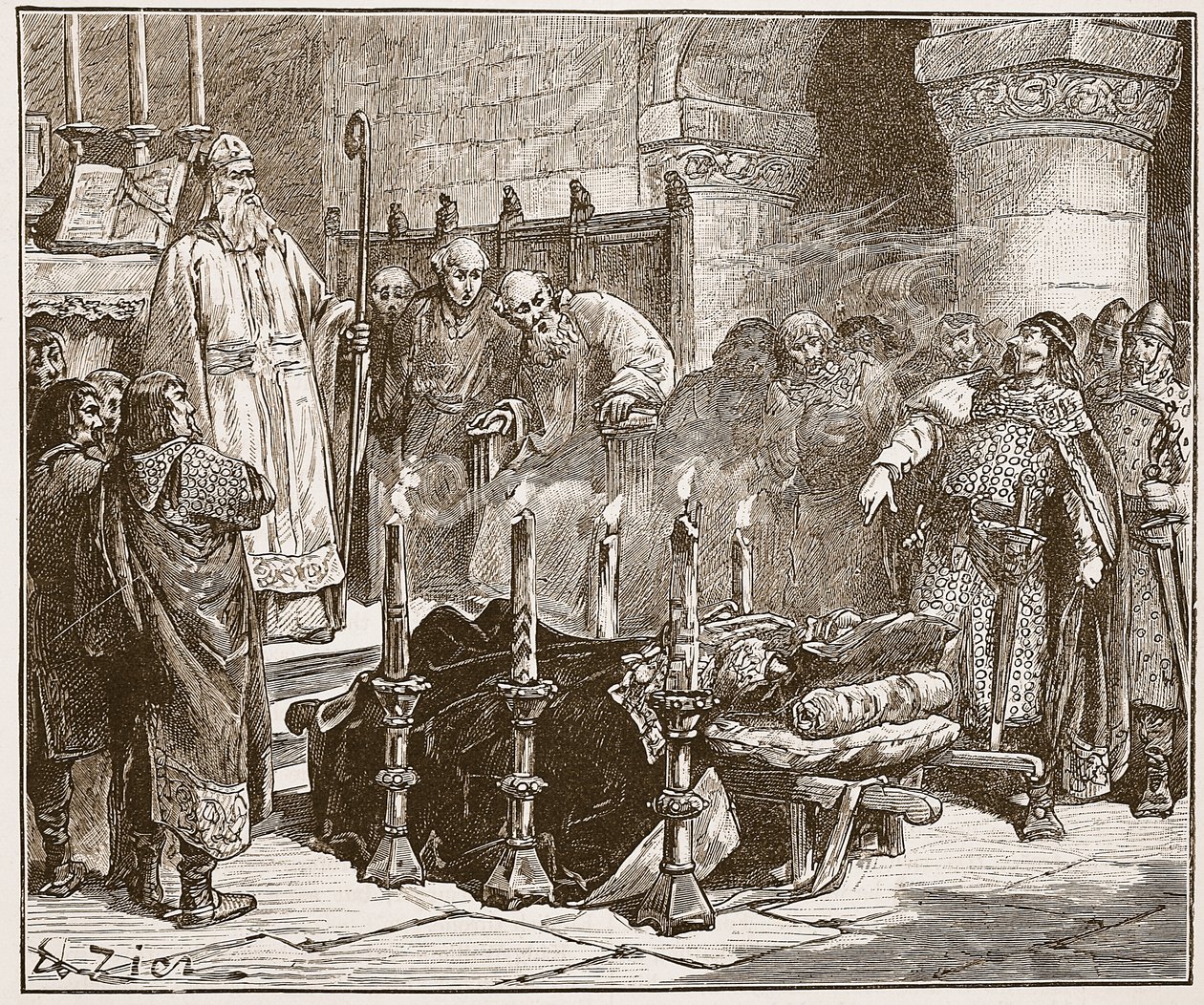 Fitz-Arthur megtiltja Vilmos eltemetését, illusztráció a „Cassell illusztrált Anglia történetéből” (szépia fotó) alkotó: Francois Edouard Zier