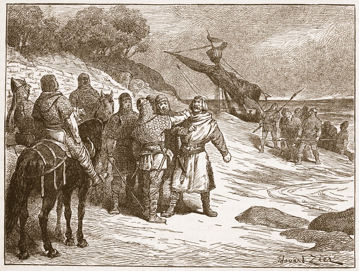 Haroldot Ponthieu grófja fogságba esett, illusztráció a „Cassell illusztrált Anglia története” című könyvéből (szépia fotó) alkotó: Francois Edouard Zier