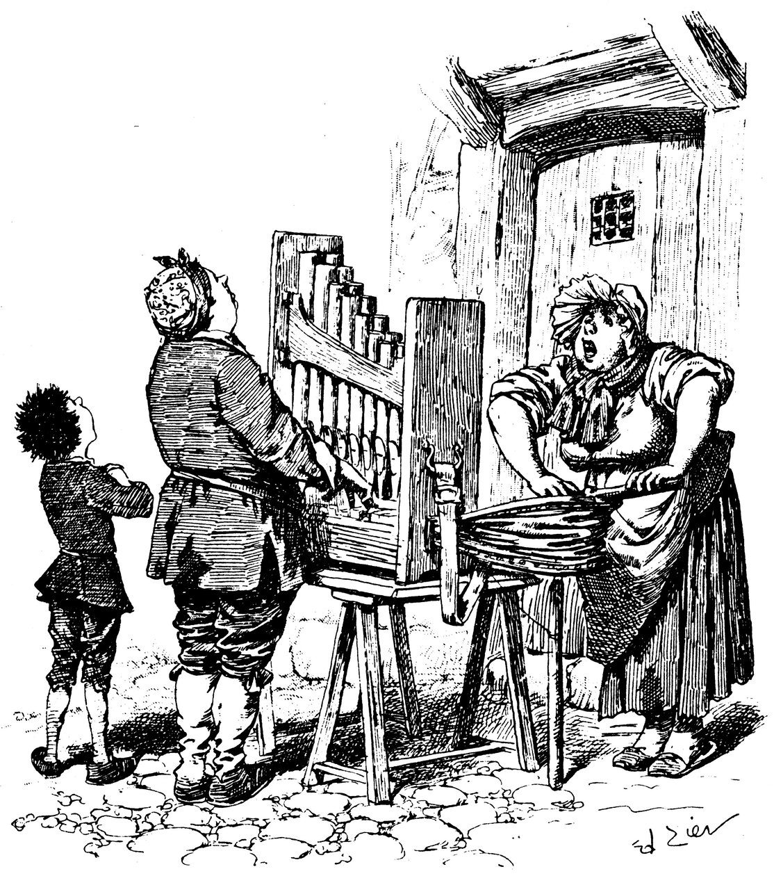 Illusztráció Paul Scarron képregényéhez: Barbár orgonajátékos zsibbadt az utcán (metszet) alkotó: Francois Edouard Zier