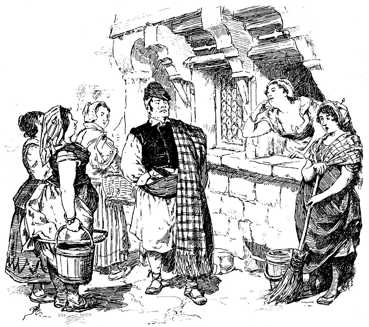 Illusztráció Paul Scarron „Comic Romanesque” című művéhez: A 2. rész 19. fejezete „Az elegáns Gusman a szobalányok csodálatát és vágyát váltja ki” (litho) alkotó: Francois Edouard Zier