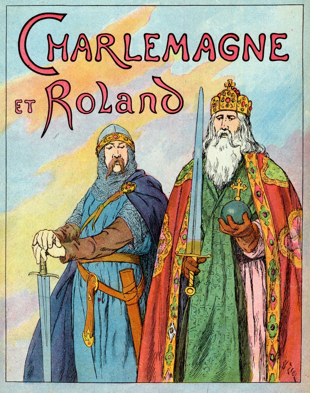 Nagy Károly frank király és Roland de Roncevaux francia lovag - Charlemagne és Le Chevalier Roland (736-778) - Francois Zier (1856-1924) illusztrációja a „Nos-Gires-Nationales”-ból 1920 körül alkotó: Francois Edouard Zier