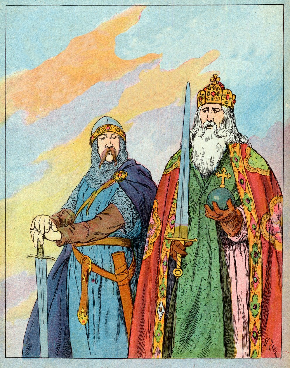 Nagy Károly frank király és Roland de Roncevaux francia lovag - Charlemagne és Le Chevalier Roland (736-778) - Francois Zier (1856-1924) illusztrációja a „Nos-Gires-Nationales”-ból 1920 körül alkotó: Francois Edouard Zier