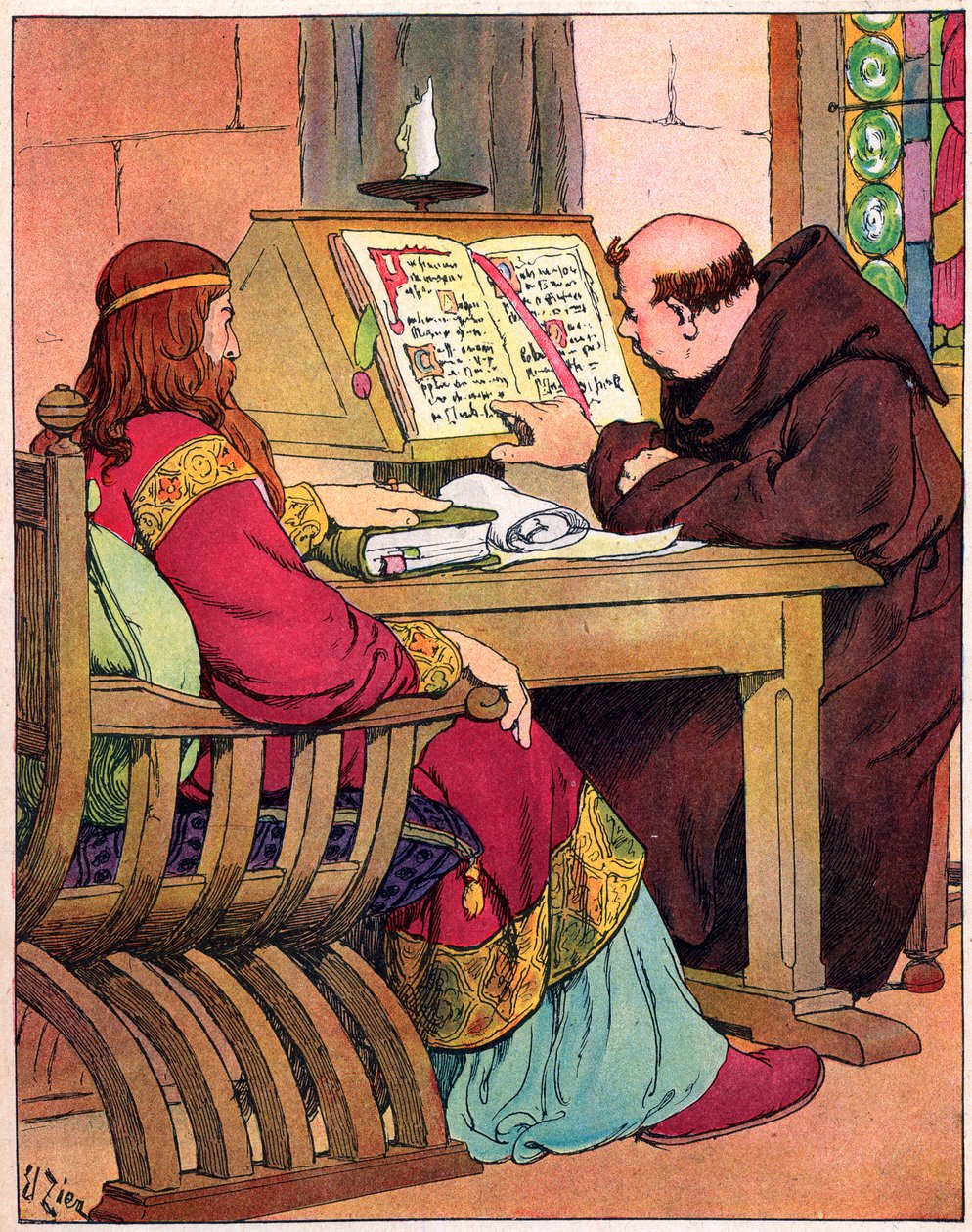 „” Nagy Károly (742-814) királya beszélget Alcuinnal (731-804), yorki angol szerzetessel, az iskola reformjának előfutára, Aachen 782” (Nagy Károly frankok királyának portréja (Charlemagne) és tanácsadója, Alcuin of York (Ealhwine, A alkotó: Francois Edouard Zier