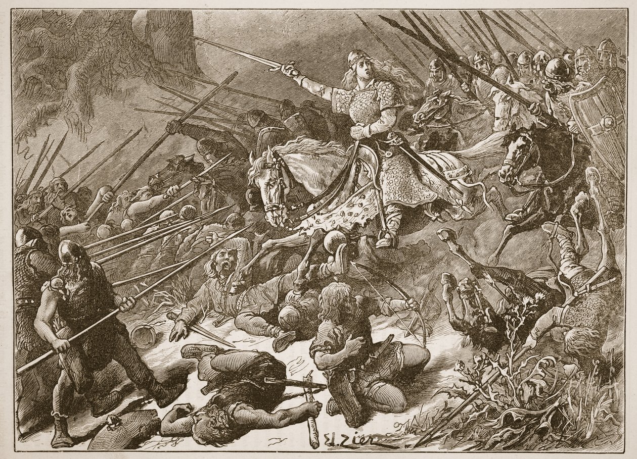 A walesekkel harcoló „Merciusok hölgye”, illusztráció a „Cassell Illustrated History of England” című művéből (szépia fotó) alkotó: Francois Edouard Zier