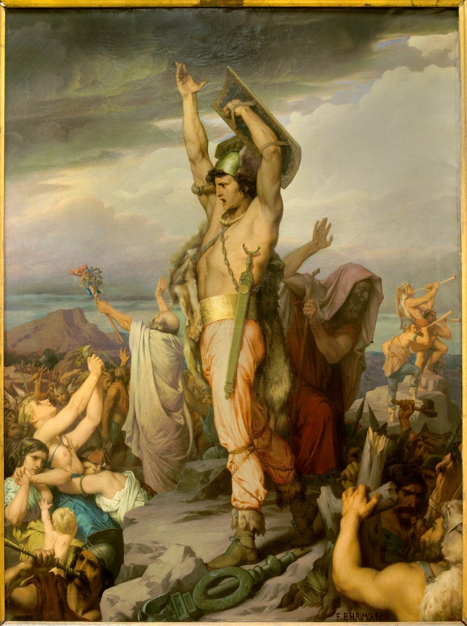 Vercingetorix (Kr. e. 72-46), gall vezető ábrázolása. Francois Emile Ehrmann (1833-1910) festménye. 19. század. Clermont Ferrand (Clermont-Ferrand). Roger Quilliot Művészeti Múzeum - Vercingetorix (Kr. e. 72-46), a gall törzsfőnök ábrázolása. Festmény alkotó: Francois Emile Ehrmann