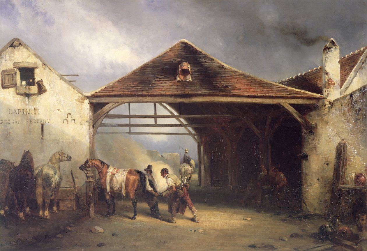 Egy patkolókovács, aki lovat patkol alkotó: Francois Emile de Lansac