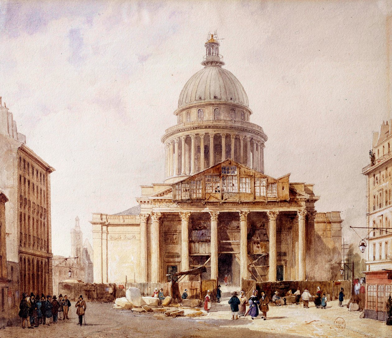 Kilátás az épülő párizsi Pantheonra a rue Soufflot felől Az épület Jacques Germain Soufflot (1713-1780) terve alapján épült a Sainte Genevieve templom helyén. Francois Etienne Villeret (kb. 1800-1866) akvarellje 1835. P alkotó: Francois Etienne Villeret