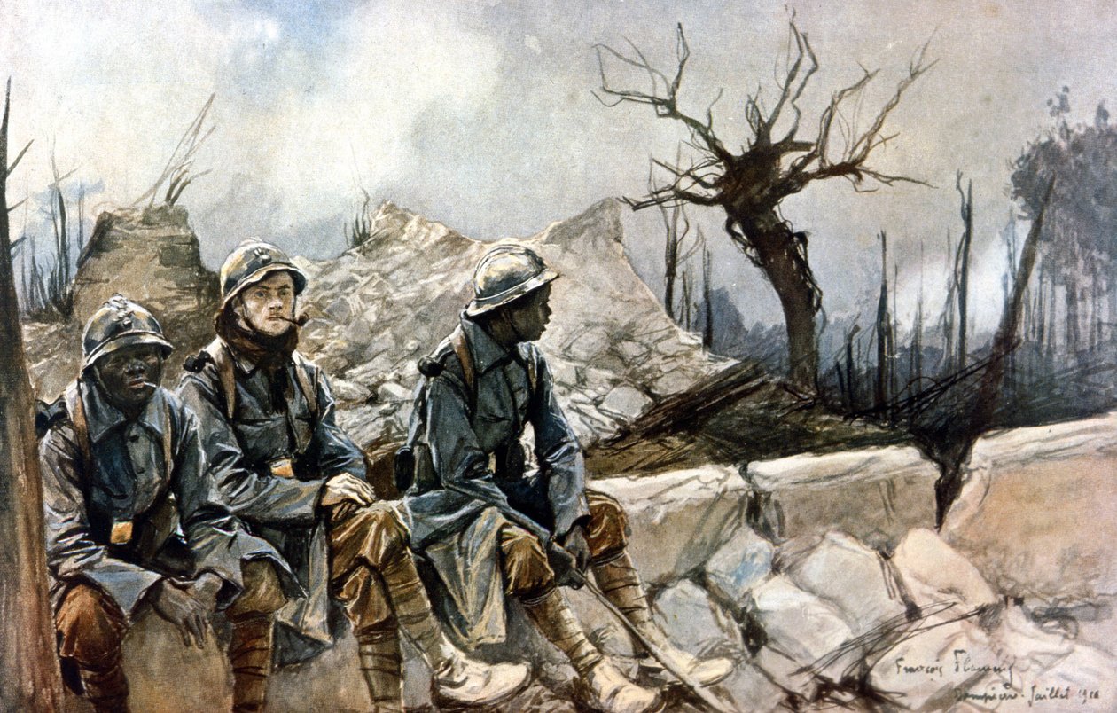 3 francia katona ül a Dampierre templom romjai előtt. Háború 1914 - 1918. Francois Flameng (1856-1923) festménye. Párizs, Musee de l