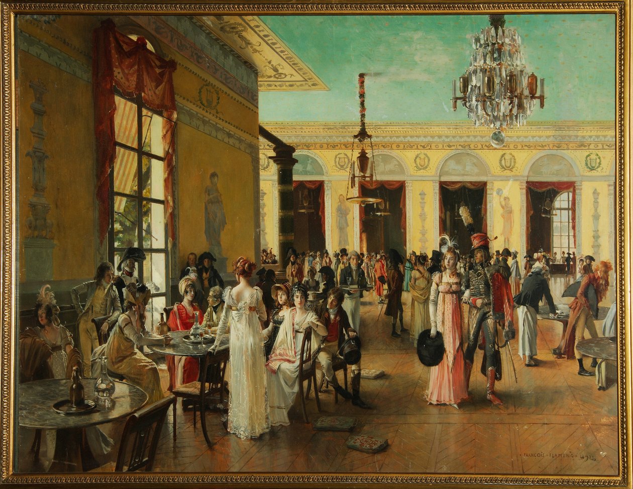 Cafe Frascati (Párizs, Franciaország), Napóleon korabeli jelenet (18. vége-1815) - Francois Flameng (1856-1923) festménye, olaj, fa alkotó: Francois Flameng