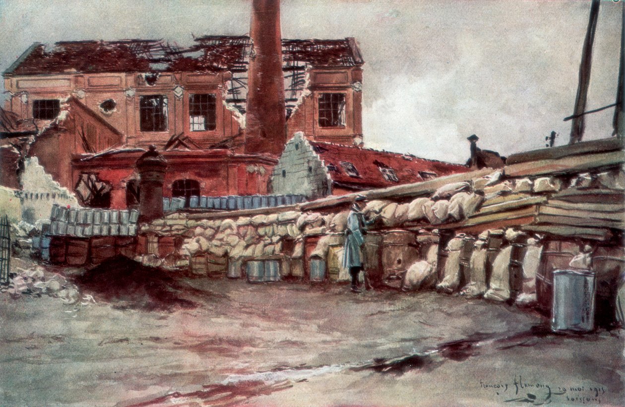 Gyári barikád, Soissons, Franciaország, 1915. május 20., 1926. alkotó: Francois Flameng