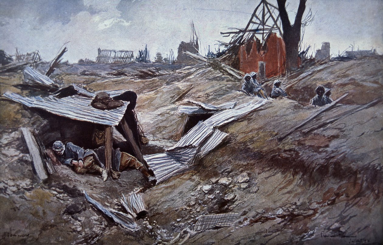 Első somme-i csata, 1916. június-szeptember: francia csapatok a romos Dompierre faluban alkotó: Francois Flameng