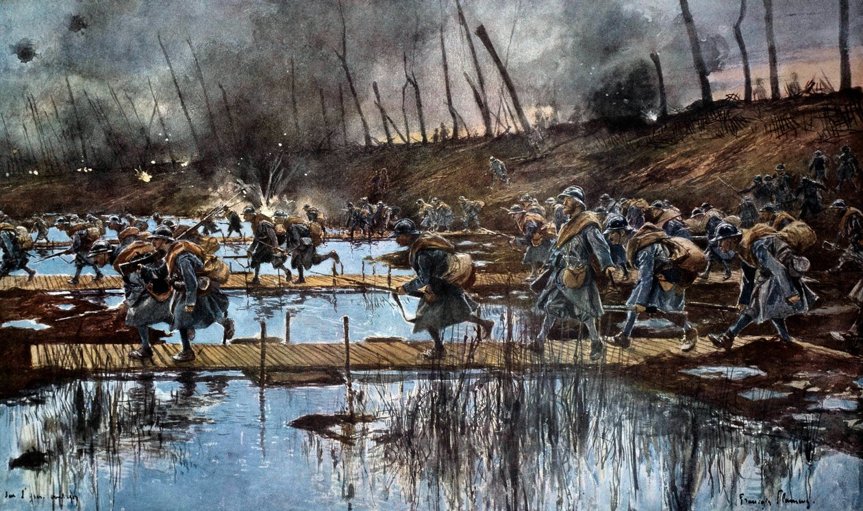 Első világháború (1914-1918): „” az Yser áthaladása a flandriai offenzíva során 1917-ben”” Francois Flameng (1856-1923) akvarell festménye 1917, 30 x 50 cm. Párizs, Musee de l