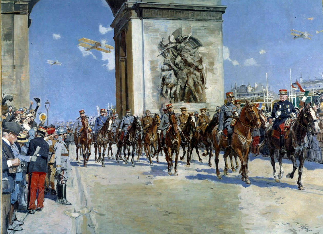 Első világháború: Marechal Ferdinand Foch (1851-1929) és Marechal Joseph Joffre (1852-1931) katonaság: „A párizsi Champs Elysees felett aratott 1919. július 14-i győzelem szennyeződése”. Francois Flameng (1856-1919) festménye 1919 Párizs, Musee de l