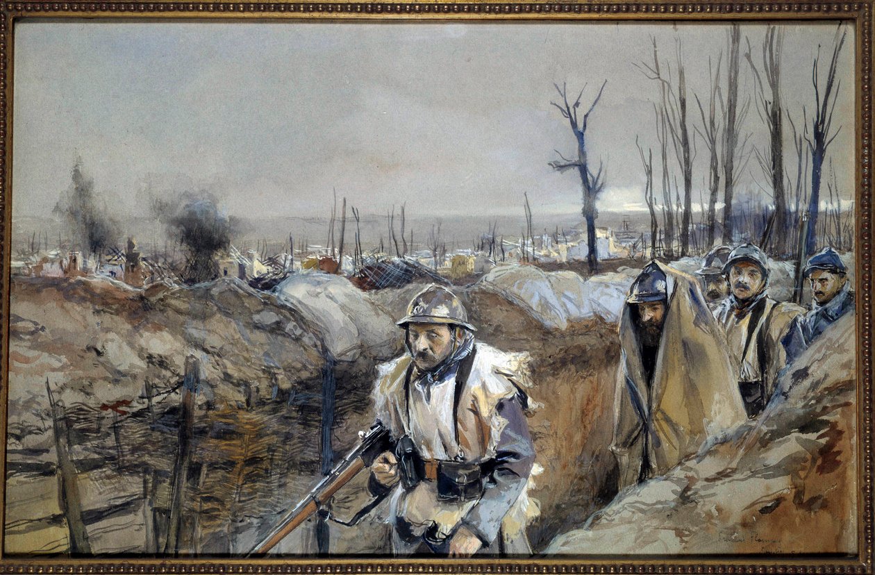 Első világháború: „” Souchez látképe (Artoisban), egy árok 1915.12.18-án”” Francois Flameng (1856-1923) akvarell festménye 1915. december V. 0,3x0,48 m Párizs, musee de l