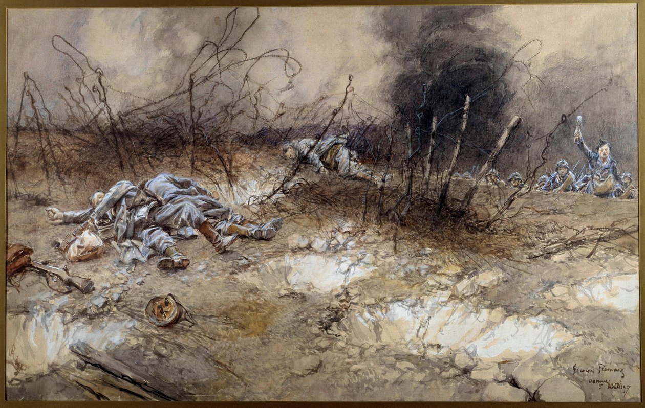 Első világháború: a La Craonne-i csata jelenete 1917.05.04. Gyalogosok teste a szakállak között hever. Francois Flameng (1856-1923) akvarell festménye V. 0,3x0,56 m Párizs, Musee de l