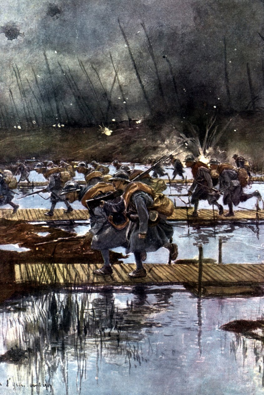 Az I. francia gyalogezred átkelése az Yser-csatornán, 1917. július 31., 4.45 Francois Flameng (1856-1923) francia festménye után. alkotó: Francois Flameng