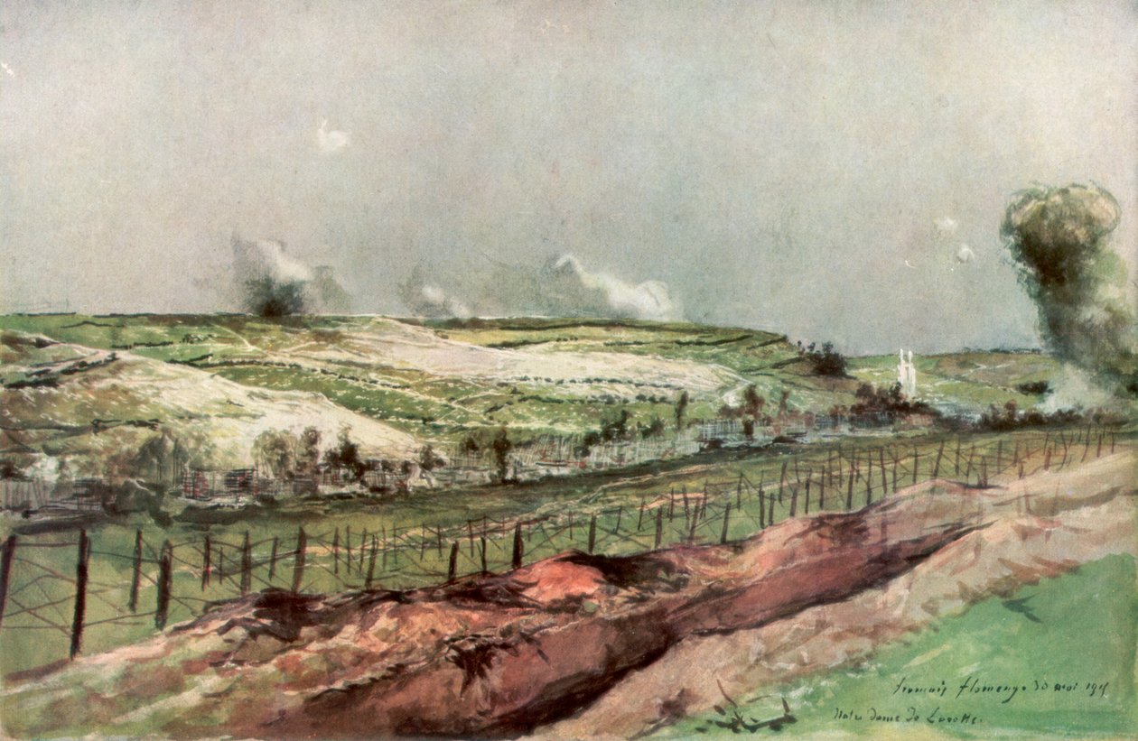 Notre Dame de Lorette és St Nazaire, Ablain, bombázás közben, Artois, Franciaország, 1915, 1926. alkotó: Francois Flameng