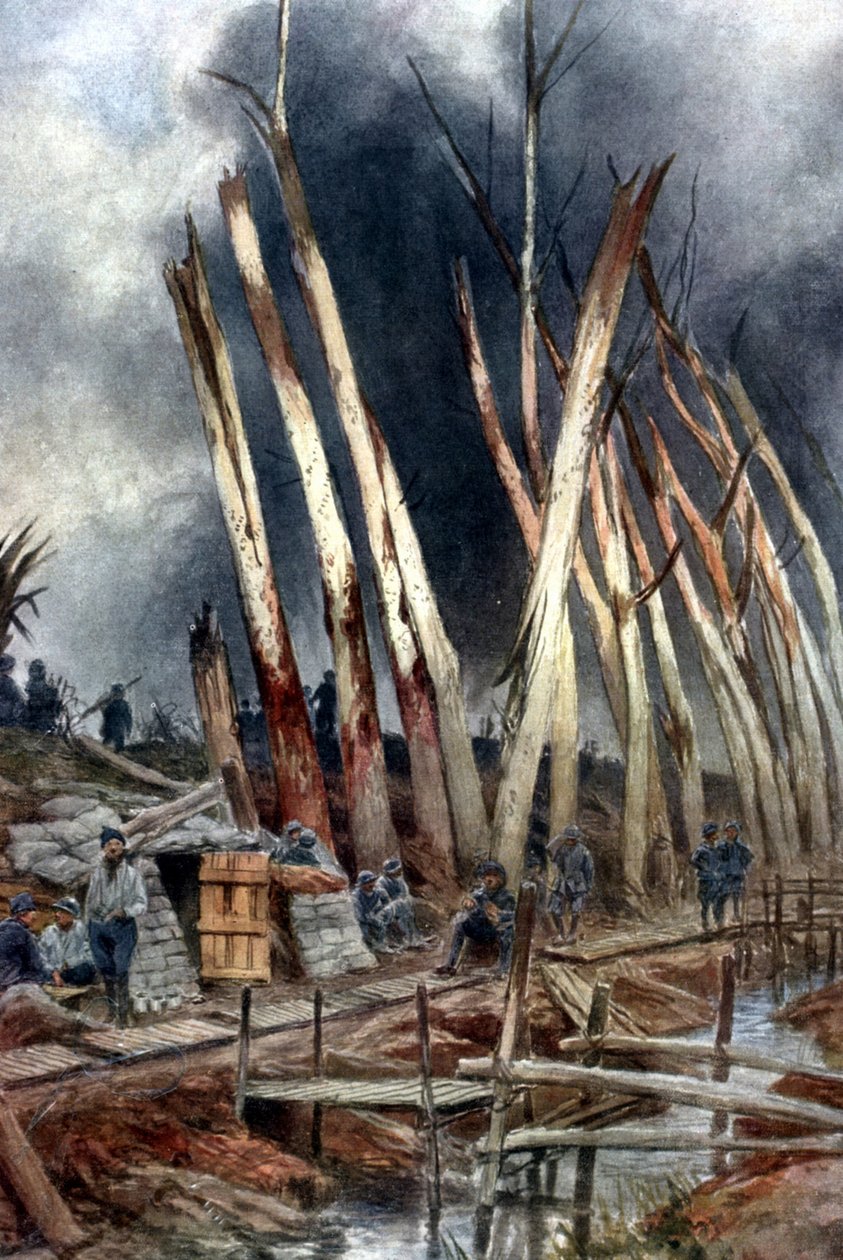"Az Yser-offenzíva (1917)". Francia vonal Het-Sas közelében, közvetlenül július 31. előtt. Parancsra váró katonák a korábbi harcok lövései által összetört fák között. Francois Flameng (1856-1923) francia festő festménye után. alkotó: Francois Flameng