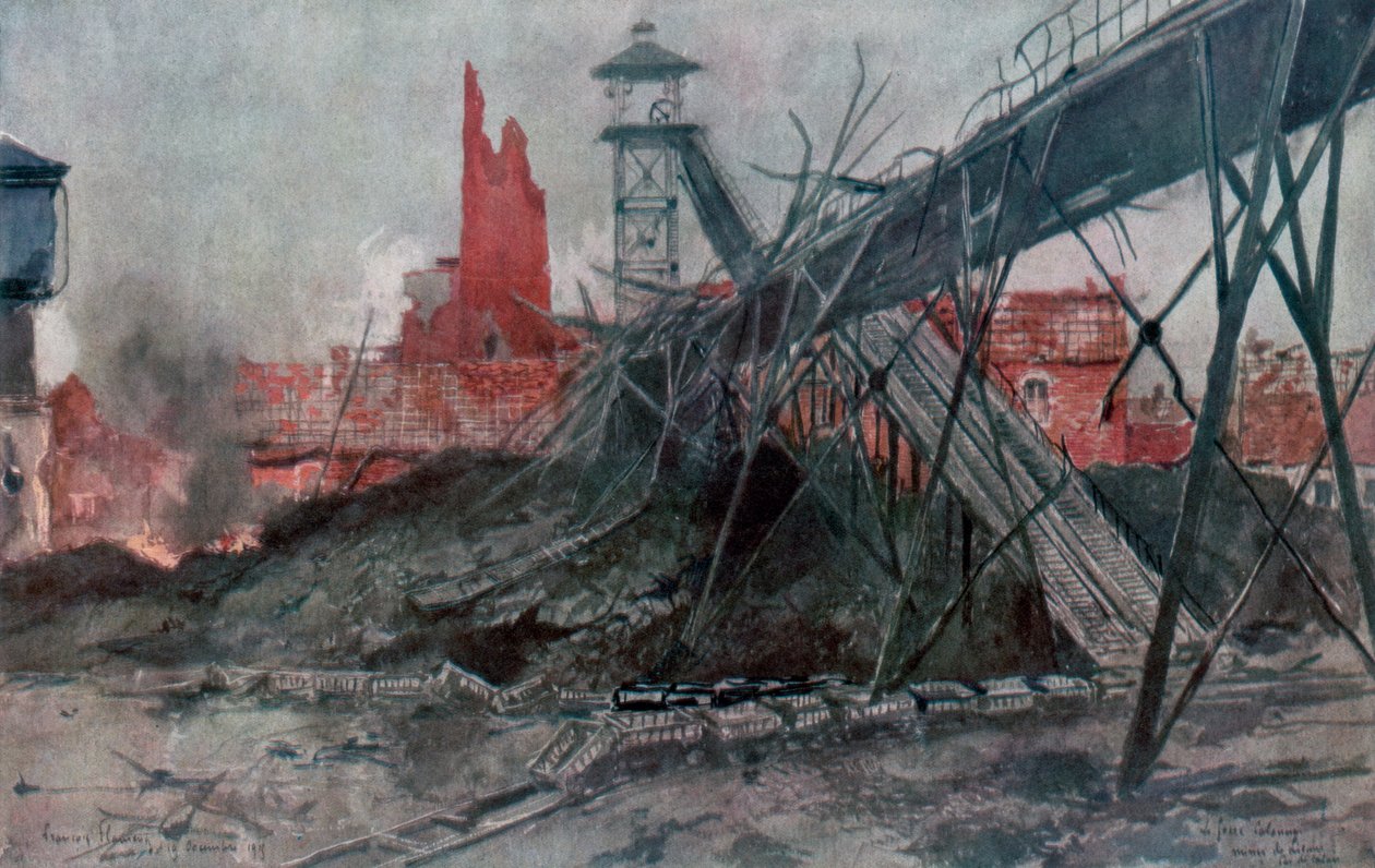Liévin bányái: Calonne Pit, Artois, Franciaország, I. világháború, 1915. alkotó: Francois Flameng
