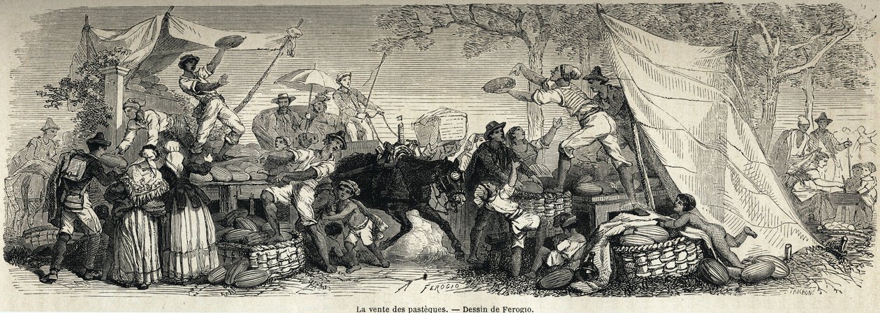 Marc Monnier (1829-1885) görögdinnye eladása, Ferogio rajza Nápoly és a nápolyiak illusztrálására 1861-ben. Metszet „” Le tour du monde”” 1861. Selva gyűjteményében. alkotó: Francois Fortune Antoine (after) Ferogio