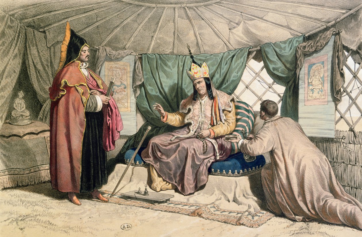 Egy kalmük főpap a ghepi-vel, illusztráció Xavier Hommaire de Hell (1812-48) "Voyage a la mer Caspienne" című művéből, 1850 körül. alkotó: Francois Fortune Antoine Ferogio