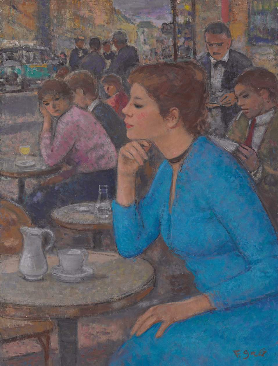 Eugenie kék ruhában a "Deux Magots"-ban, Párizs, 1980 körül (olaj, vászon) alkotó: Francois Gall