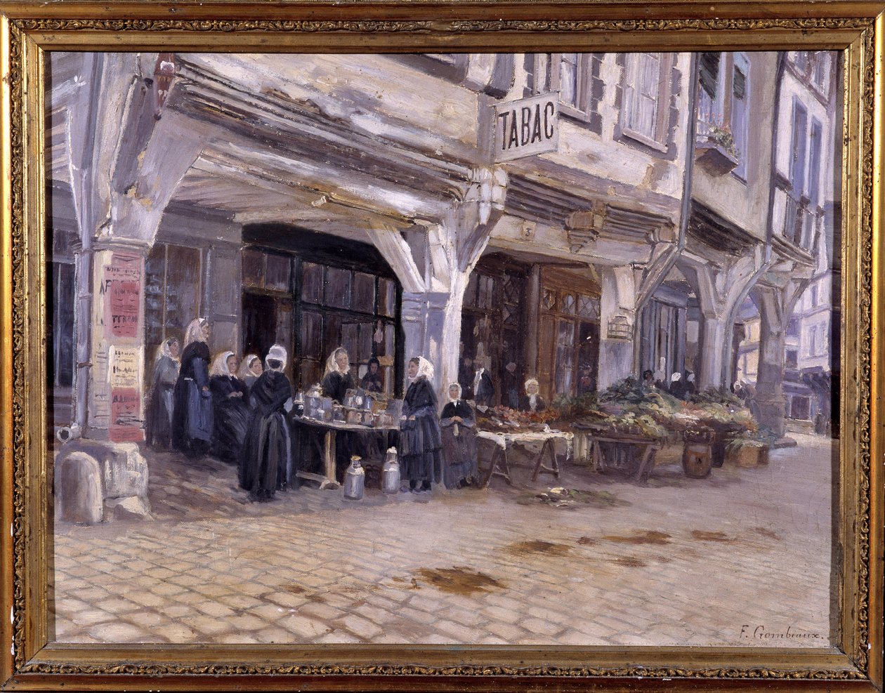 Piac a tornácok alatt Dinanban – F. Gombeaux, 19. század vége alkotó: Francois Gombeaux