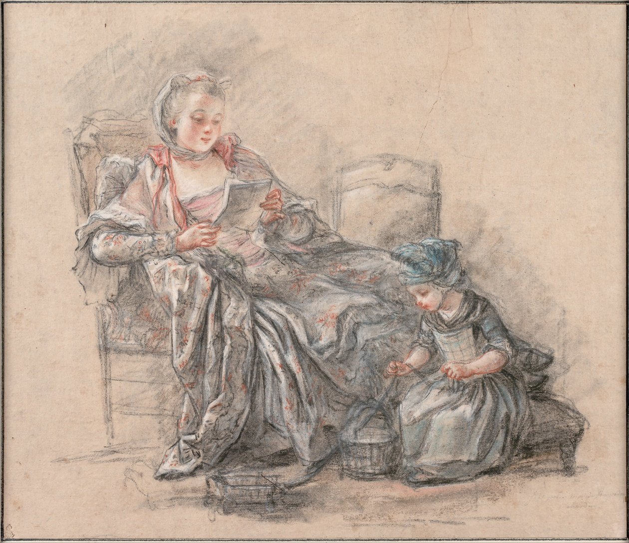 Olvasó nő és játszó lány (feltehetően Pompadour márkinő lányával, Alexandrine-nal), 1748 alkotó: Francois Guérin