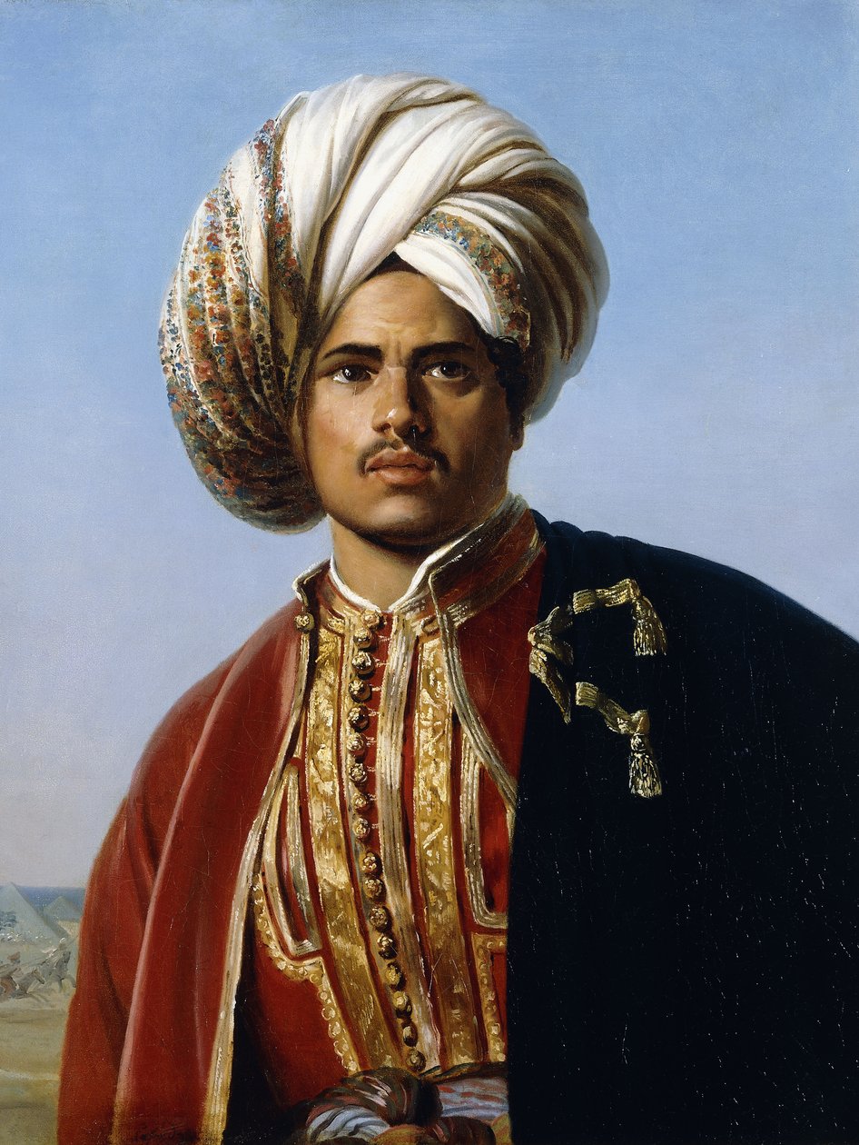 Egy oszmán herceg portréja, félalakos, vörös és arany színben, alkotó: Francois Henri Alexandre La Fond