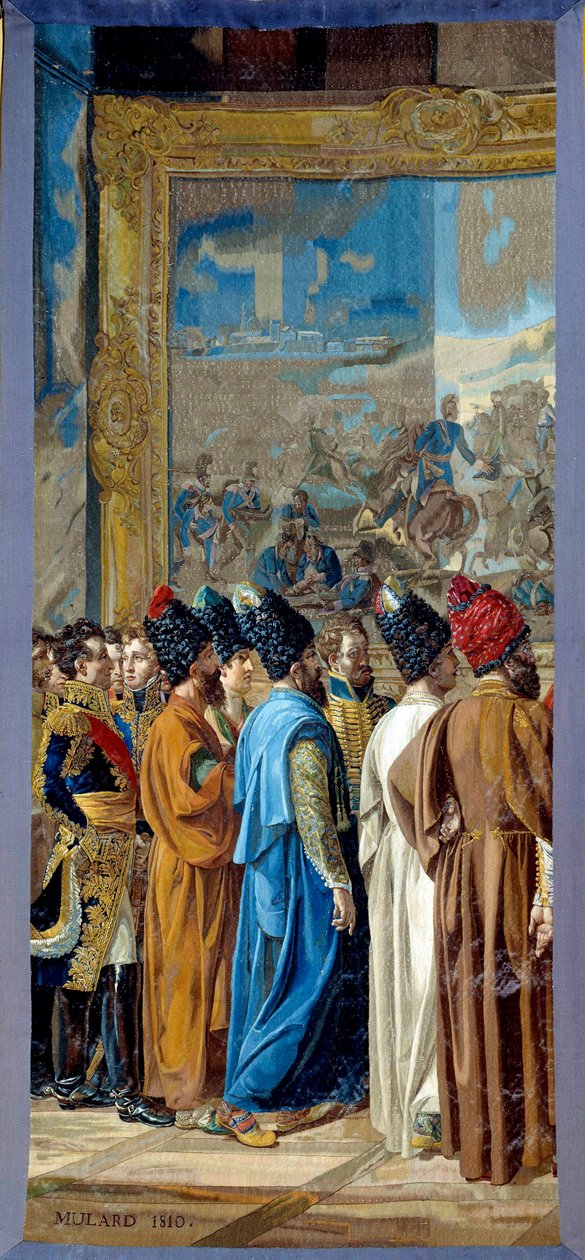 I. Napóleon (1769-1821) a lengyelországi Finkenstein kastélyban fogadta Georges Outrey perzsa sah nagykövetét, Franciaország bagdadi alkonzulját, bemutatja Mohammed Mirza Rezát. Francois Henri Mulard gobelinek műhelye által készített gobelin alkotó: Francois Henri Mulard