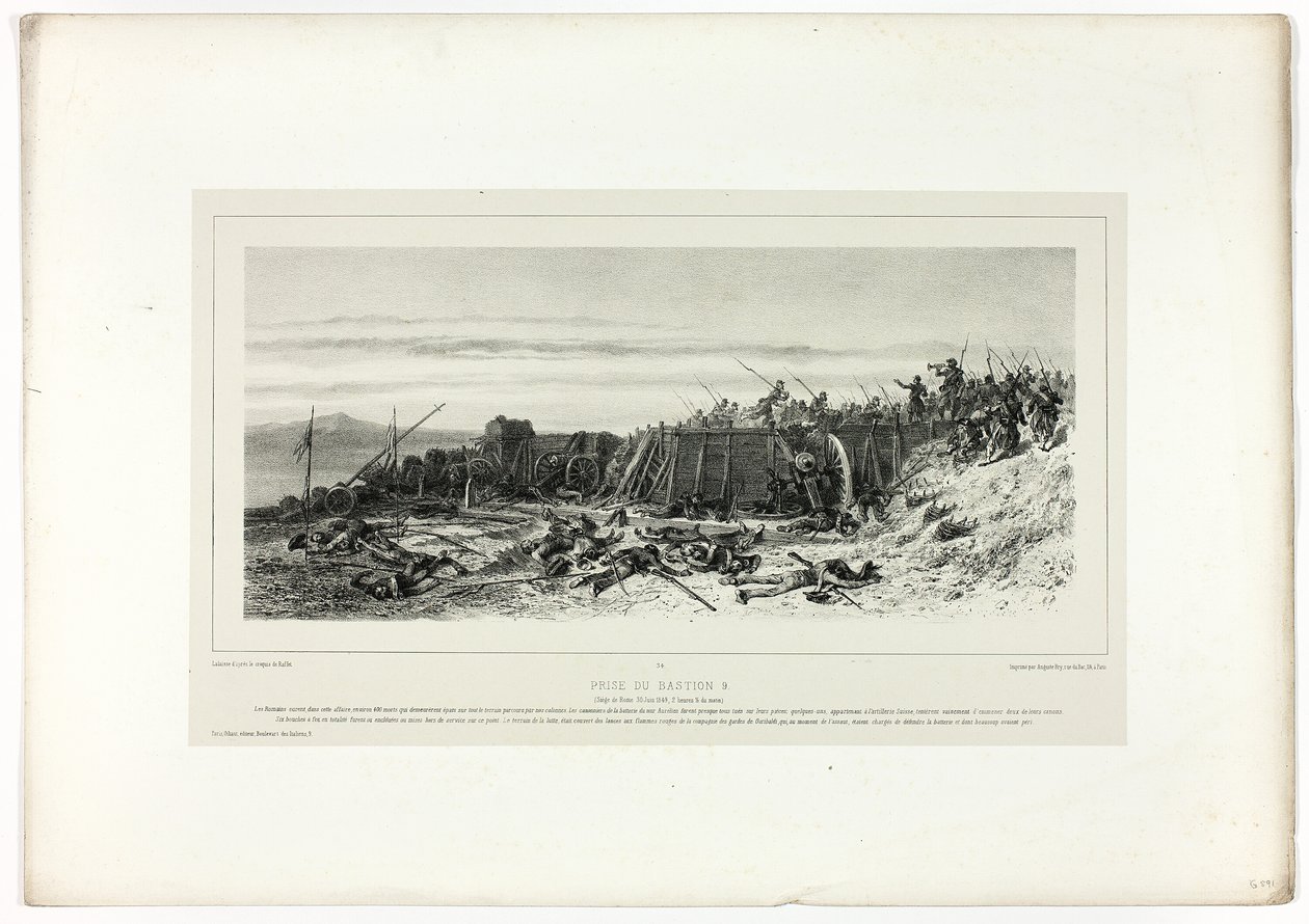A 9. számú bástya elfoglalása, a Souvenirs of Italy: The Expedition to Rome (Olaszországi emlékek: A római expedíció) című kötetből. alkotó: Francois Hippolyte Lalaisse
