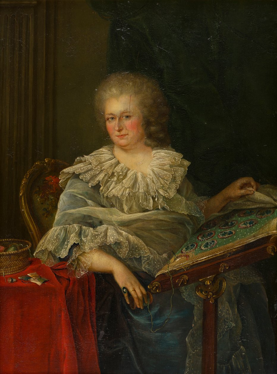 Torrington vikomtné portréja ül a hímzésénél, 1747-75 körül (olaj, tábla) alkotó: Francois Hubert (follower of) Drouais