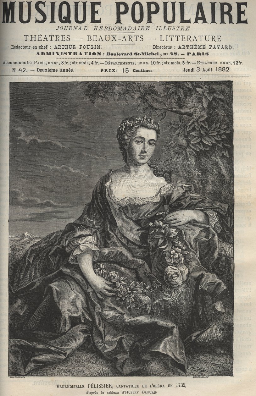 Marie Pelissier (vagy Pellissier) (1707-1749) francia operaénekes portréja - metszet Hubert Drouais festménye után - metszet "" La musique populaire""" illusztrált hetilapba - 1882 alkotó: Francois Hubert Drouais