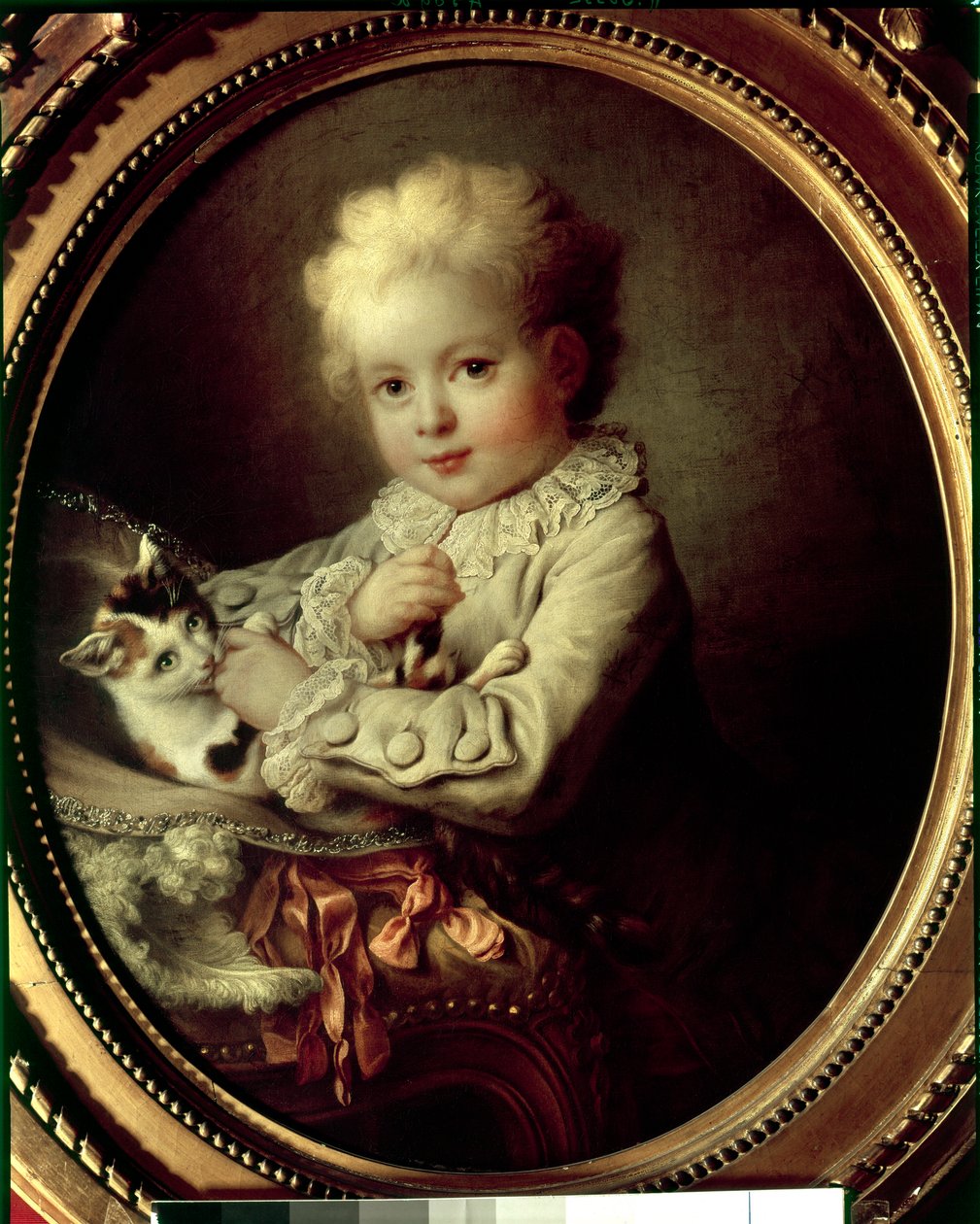 Egy macskával játszó fiatal fiú portréja Francois Hubert Drouais festménye (1727-1775) 18. századi Párizs, Musee Jacquemart Andre alkotó: Francois Hubert Drouais