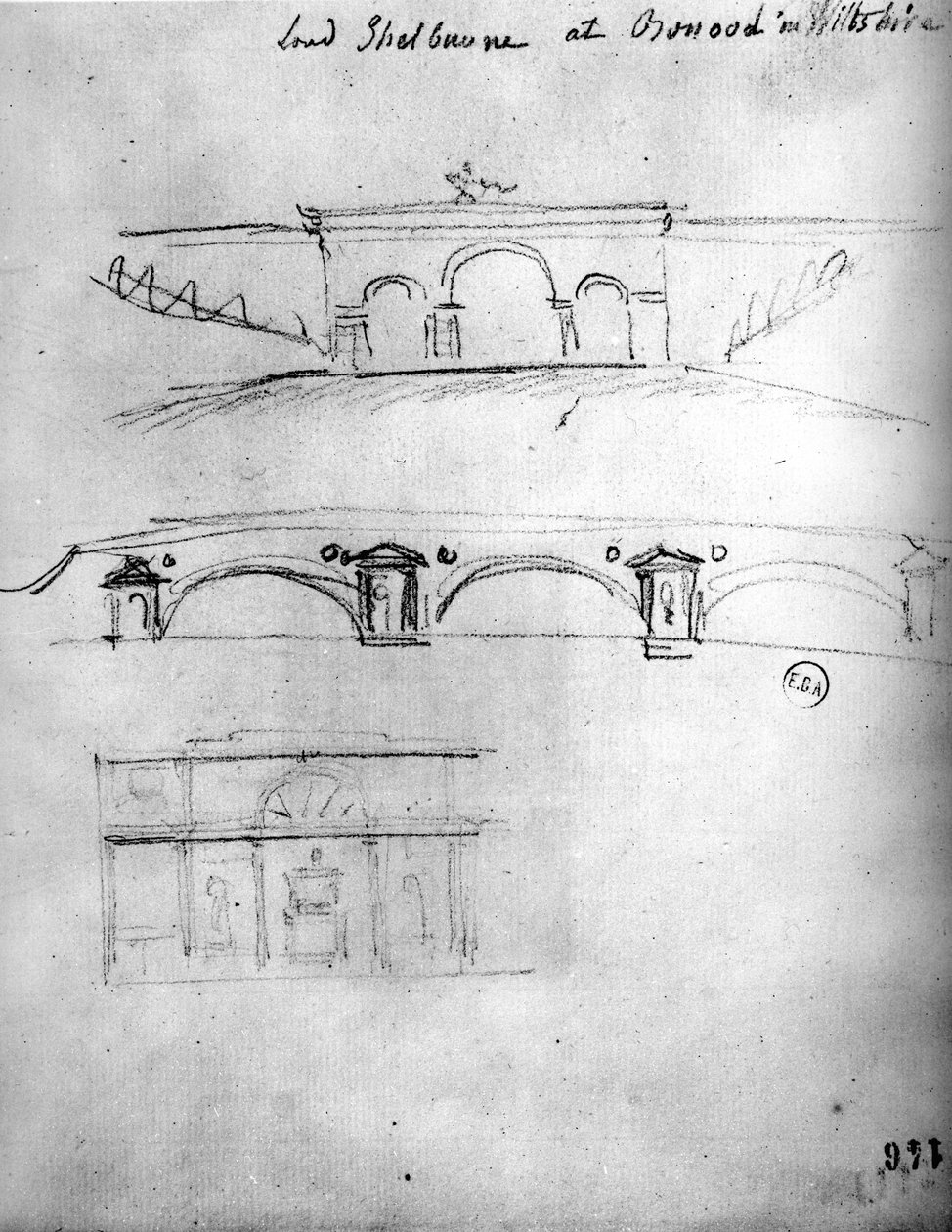 Építészeti vázlat a „Travels in England” című filmből, 1766 körül (ceruza papíron) alkotó: Francois Joseph Belanger